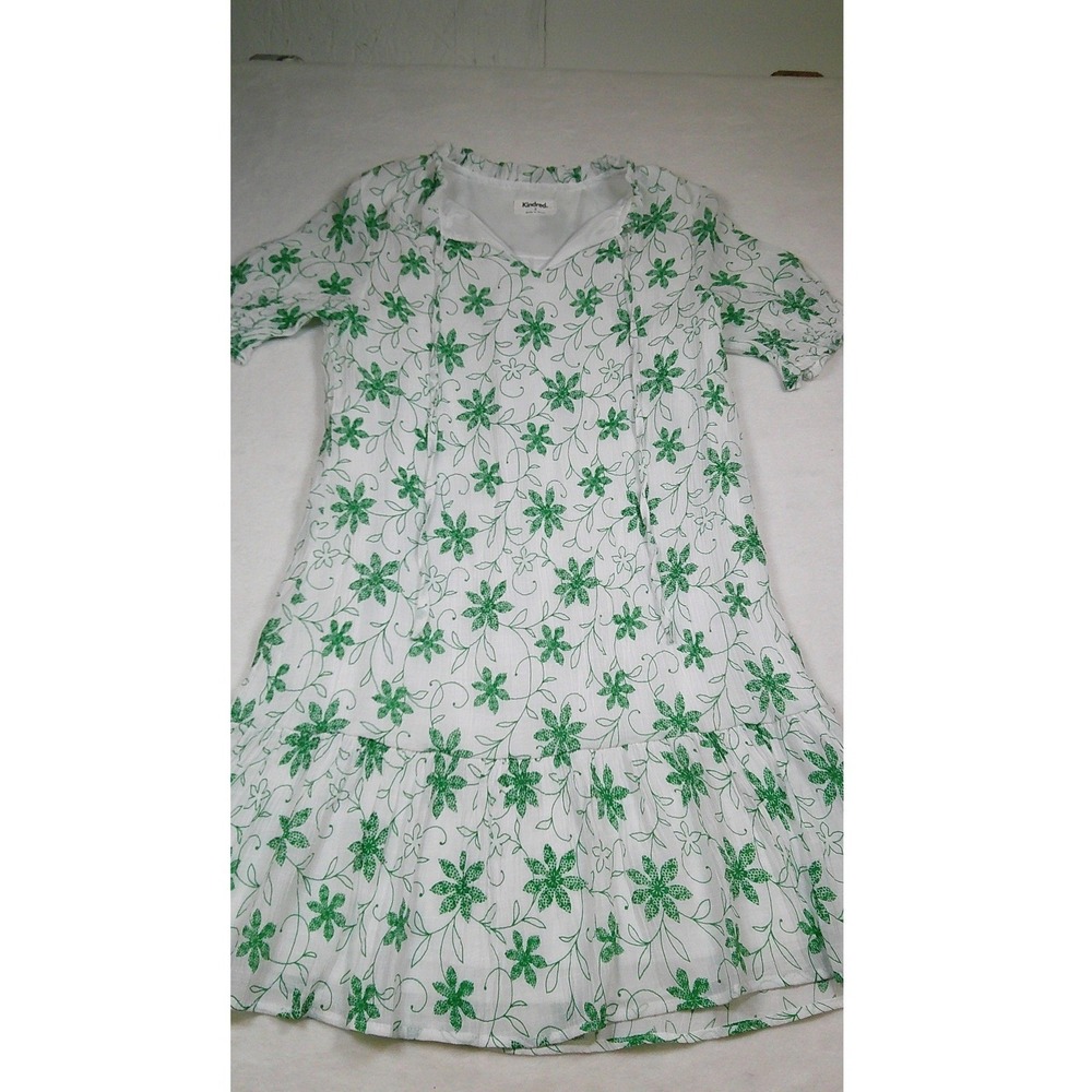 Anthropology Kindred Green Floral White Mini Dress Small Sleeve Ruffle Tie Neck - Picture 3 of 9